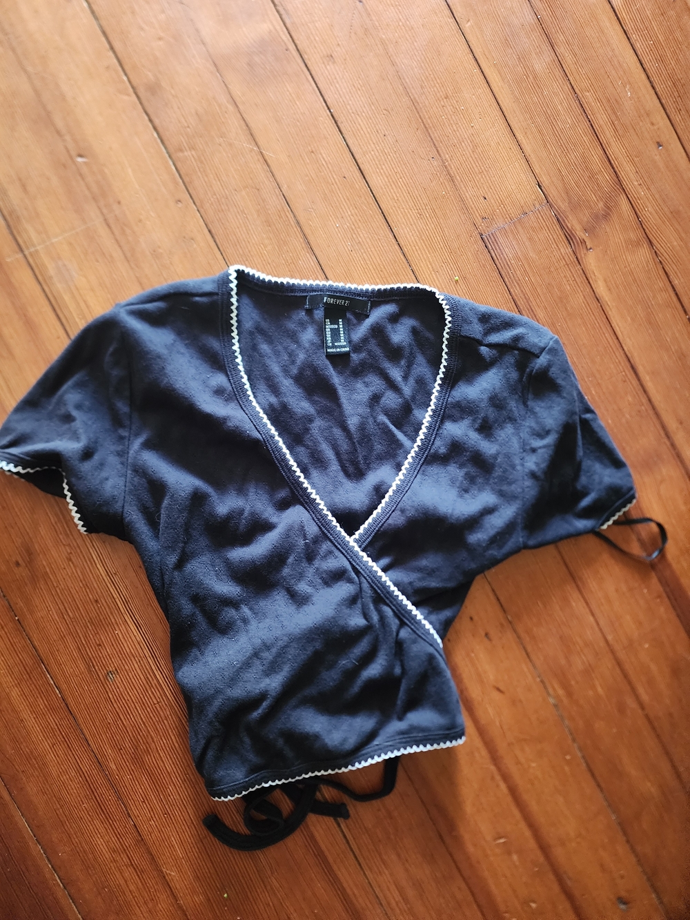 Forever 21 Black Wrap Crop Top with White Trim